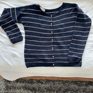 Sezane Navy and Cream Striped Cardigan